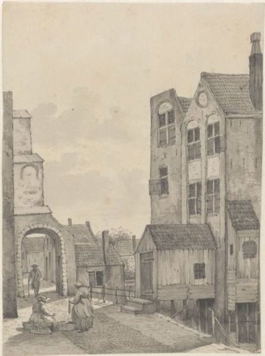City view in Gouda with a fishwife