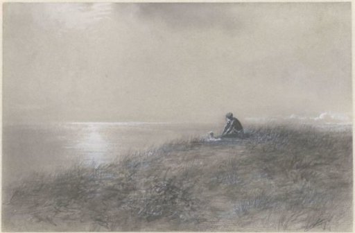 Teun the hunter with a dog in the dunes looking out over the sea