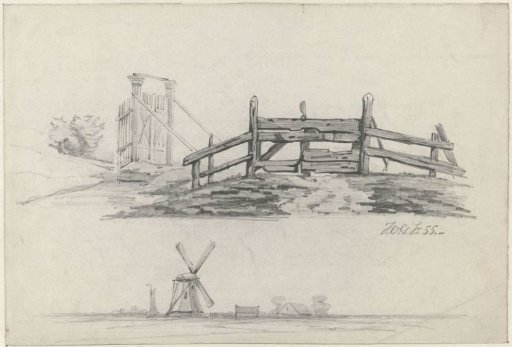 Studies of a fence, a gate, and a landscape with a windmill