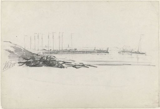Coastal landscape with fishing boats behind a palisade