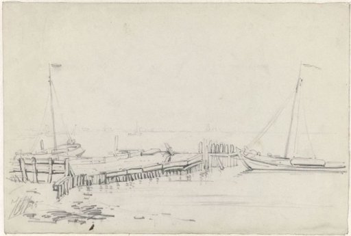 River landscape with fishing boats at a jetty
