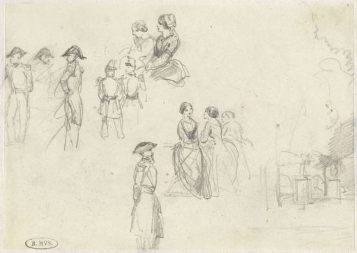 Study sheet with sketches of soldiers and women gathered in small groups
