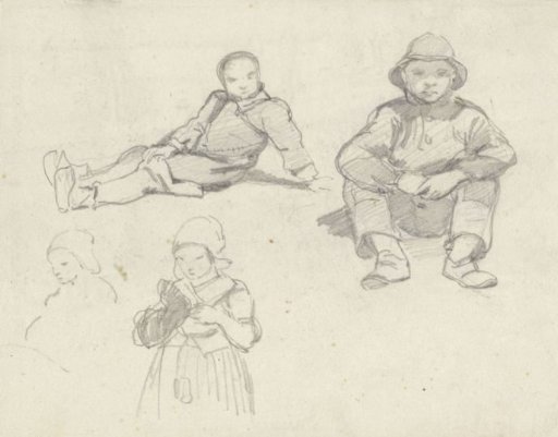 Sketch sheet with two sitting Scheveningen fishing boys, standing a girl half-length