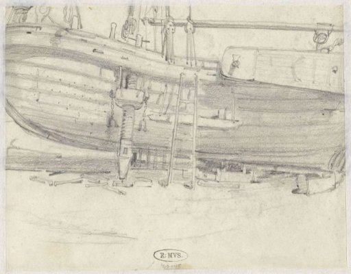 Hull of a sailing ship, being repaired