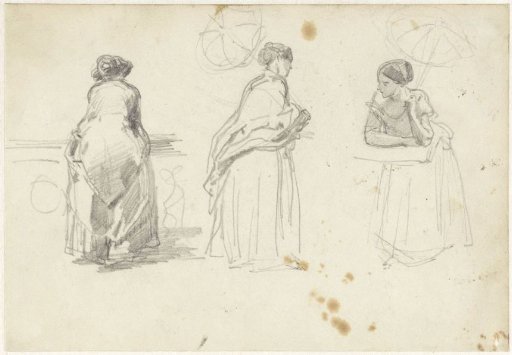 Sketch sheet with three studies of a woman with a parasol