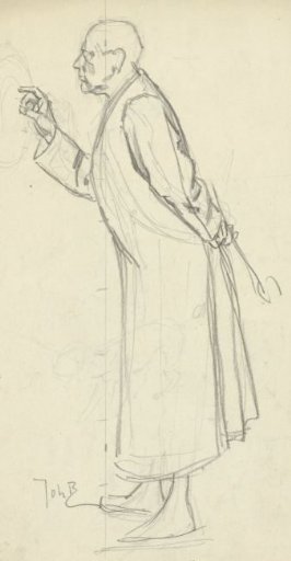Standing man in a dressing gown, facing left