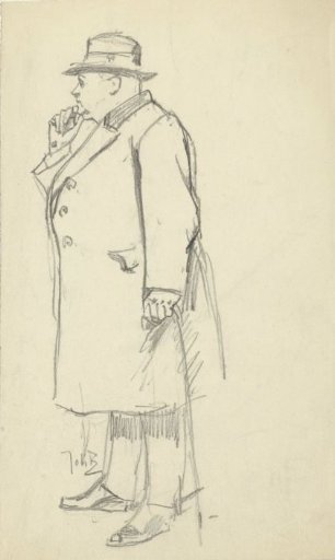 Standing man, facing left, hand on chin