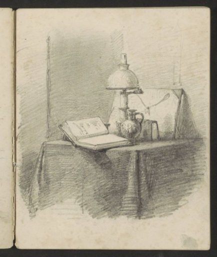 Still life with a lamp, books, drawing case and a vase on a table