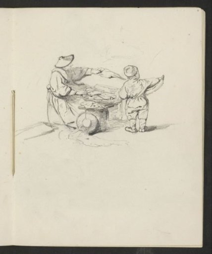 Boy at a stall where a woman sells fish