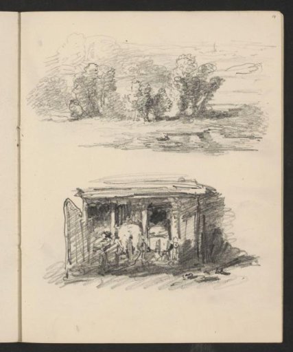 Landscape with trees and animals in a stable