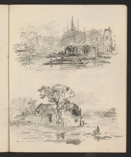City view and a landscape with a house by the water