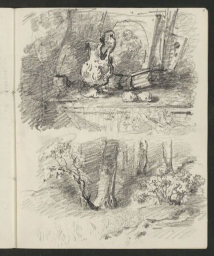 Bushes and trees and a still life with a mirror, book and stones
