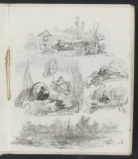 Landscape with water, landscape with figures and buildings, and still lifes