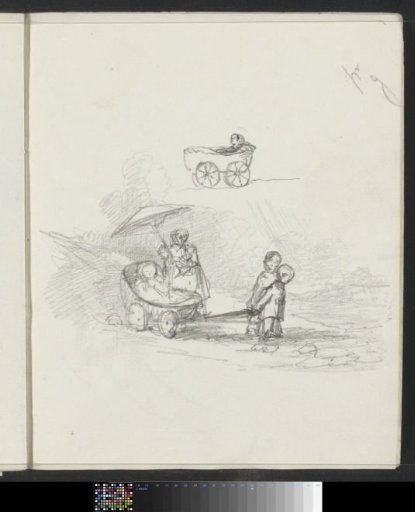 Woman with an umbrella and two children near a baby in a pram