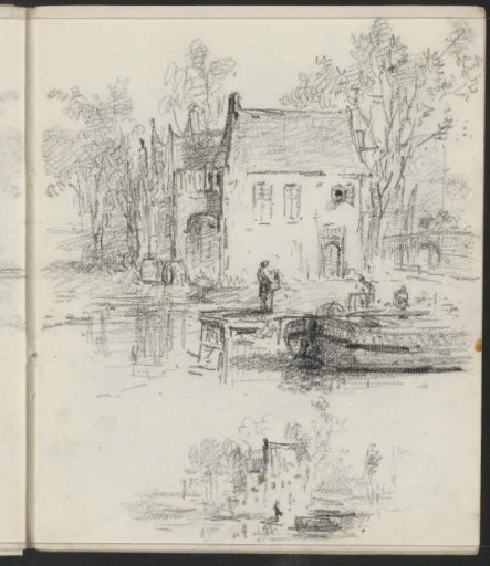 Figures on a scaffold next to some houses by the water