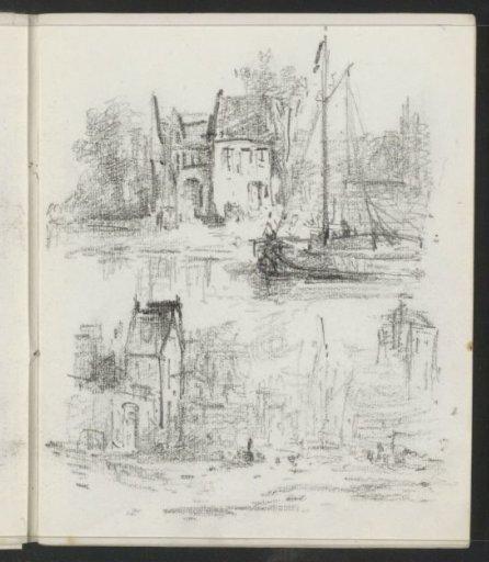 Sailing ship at a quay next to some houses