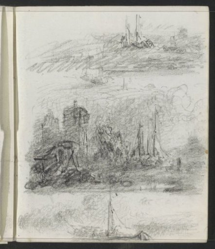 Sailing ships on open water and sailing ships by a coastline with houses