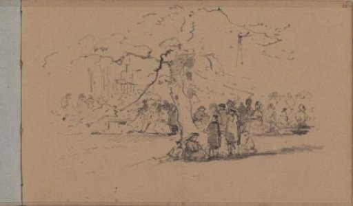 Standing and Sitting Figures Around a Tree