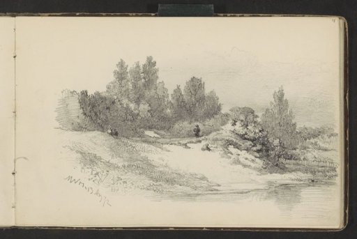 Figures on a hill by the water
