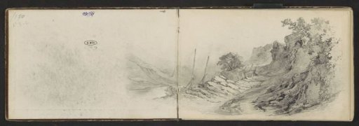 Landscape with mountains, rocks, and a path alongside a waterway