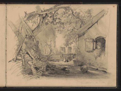 Courtyard with free-range chickens next to a country house