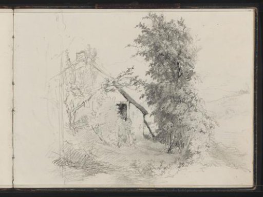 House by a tree in a hilly landscape