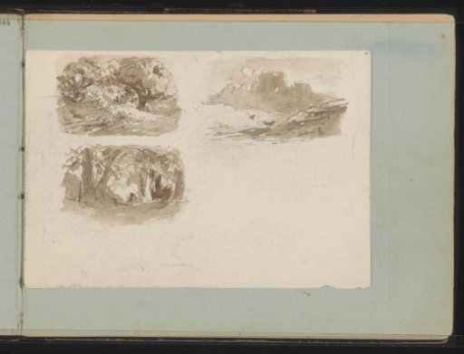Two forest landscapes and a hilly landscape with a ruin