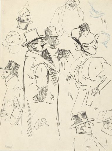 Caricature portrait studies of two gentlemen and a woman in conversation