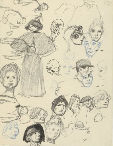 Various portrait and figure studies of women and men