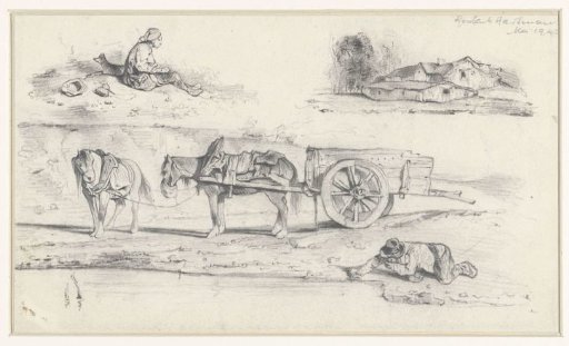 Study sheet with a shellfisherman kneeling on the riverbank