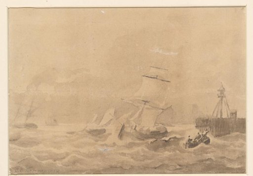Turbulent sea with sailing ships