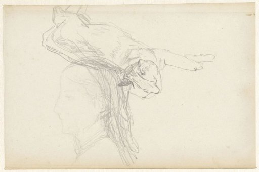 Study Of A Reclining Cat And A Girl's Head