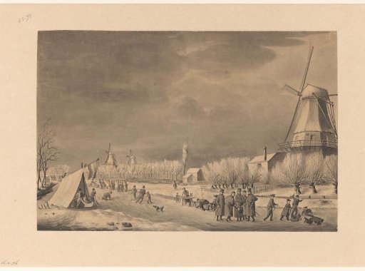 Ice skating on a river next to windmills