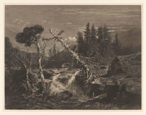 Mountainous landscape with waterfall and tree stumps