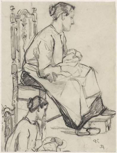 Two studies of a seated woman with a baby