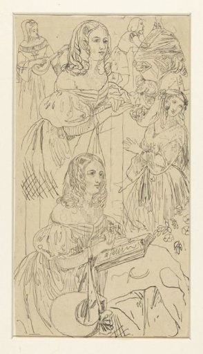 Study sheet with a female figure in 19th-century costume, and other figures