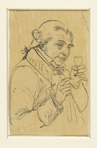 Old gentleman in 18th-century costume, raising a glass of wine in his left hand