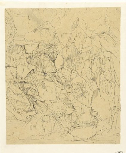 Bare rocky landscape, with a waterfall in the foreground on the left