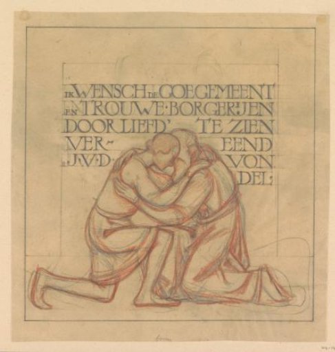 Design for a wall painting in the Beurs van Berlage: Emblem with kneeling couple embracing and motto by Vondel
