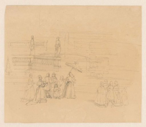 Distinguished company at the foot of a terrace of a castle
