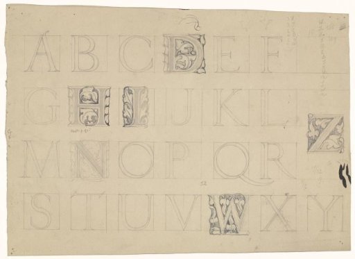 The letters of the alphabet, some of which are decorated with vines