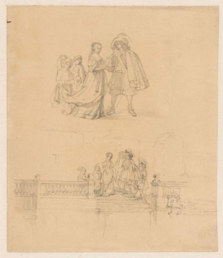 Distinguished couple in 17th-century costume and distinguished company on the steps of a terrace