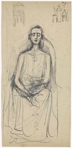 Seated figure with downcast eyes