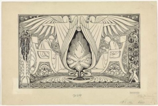 Ornamental representation of a man and woman on either side of a fireplace