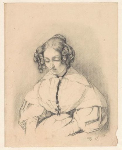 Portrait of a seated woman with downcast eyes