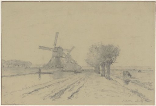 Landscape with two windmills and some pollarded willows along the stream at Meern