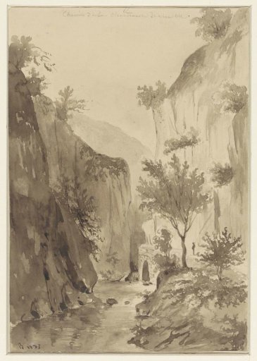 River among vegetated rocks; a road on the right