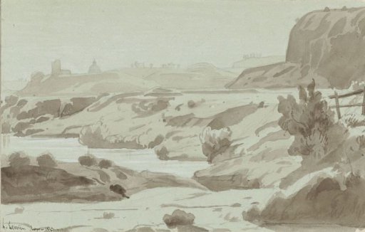 View in the Roman Campagna with a river in the foreground