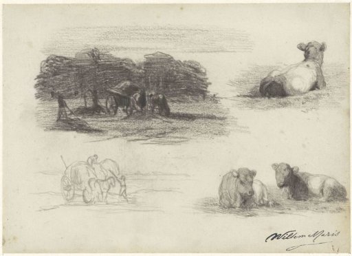 Four sketches of hay wagons and cows