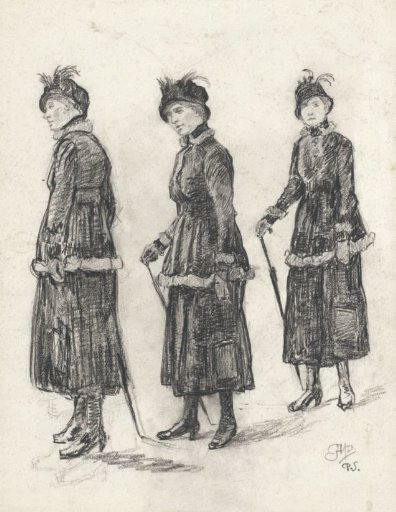 Three studies of a walking lady in a cloak costume